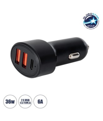 GloboStar® 85436 Φορτιστής Αναπτήρα Αυτοκινήτου Γρήγορης Φόρτισης PD 36W 6A με 2 Θύρες USB και 1 Θύρα Type-C Μαύρο